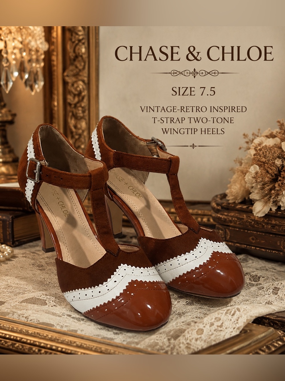 Chase + Chloe Women's Two-Tone Brown and White T-Strap Wingtip Heels Size 7.5